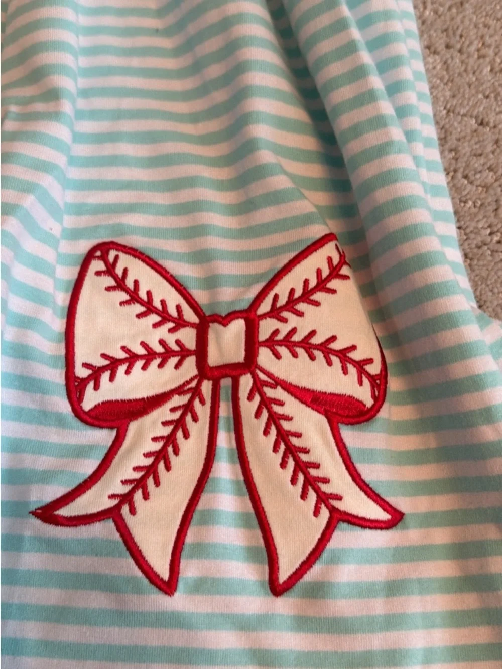 Blue & White Striped Girls Casual Dress with Red Bow Accents